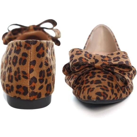 Women's Leopard Bowknot Ballet Flats Pointy Toe Casual Flat Shoes Suede - Picture 7 of 8